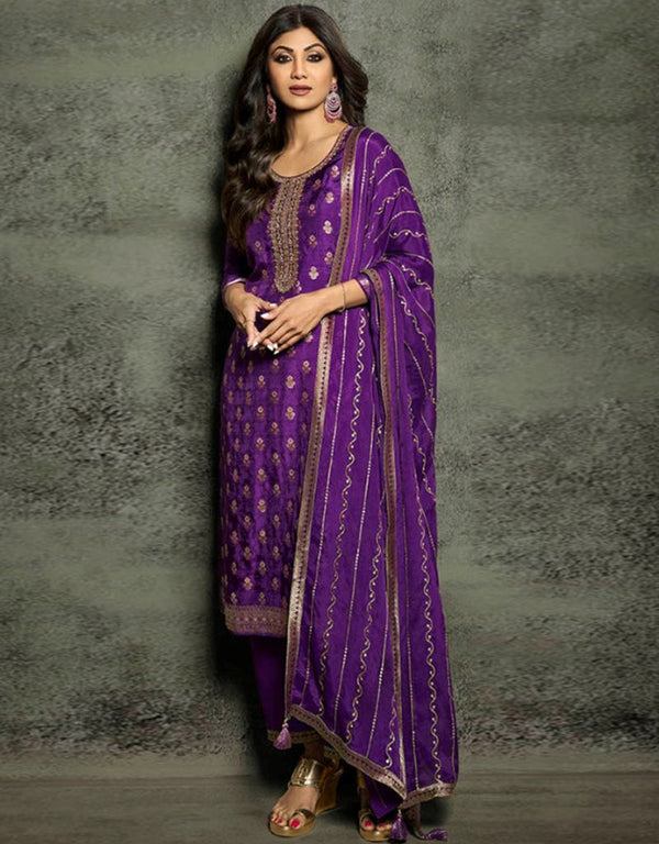 Heavy Designer Wedding Wear Jacquard Silk Salwar Suit Voilet Jacquard Silk Pant Straight Front View